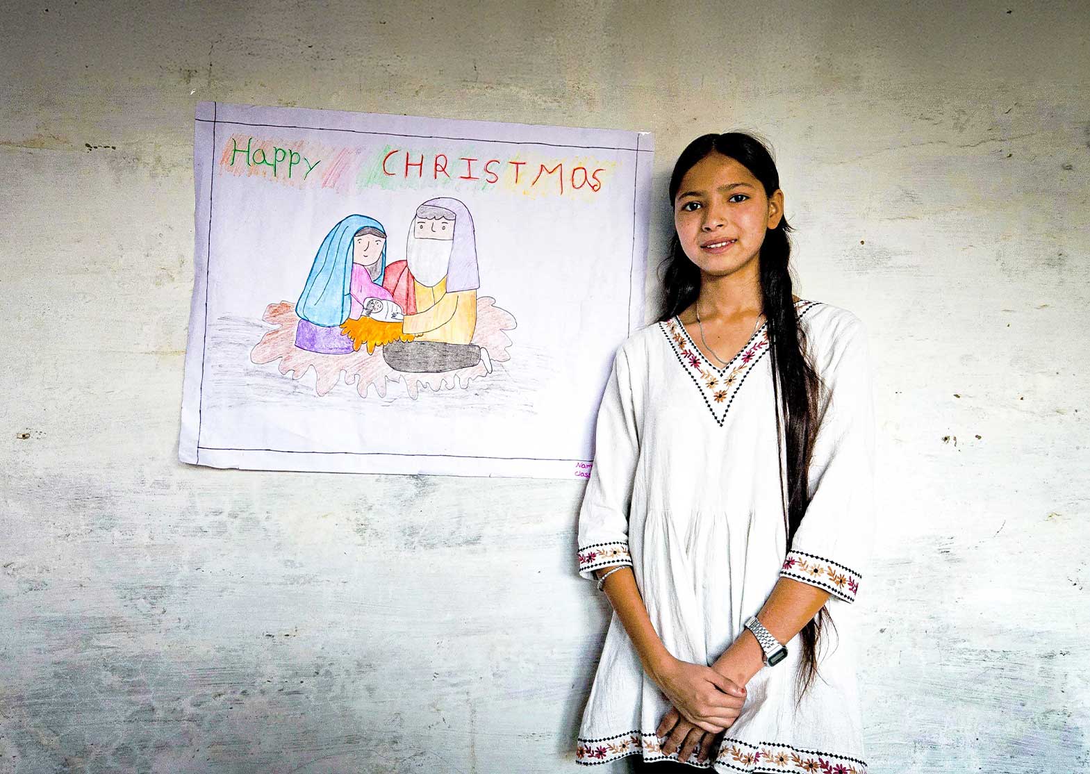 Young Girl in White with Christmas Poster